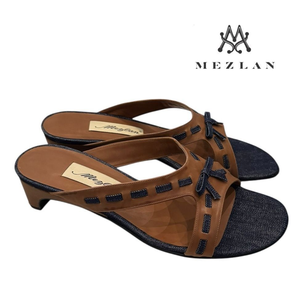 New Mezlan Hicks Women's Tan and Black Denim Bow Slide Heel Sandals 10